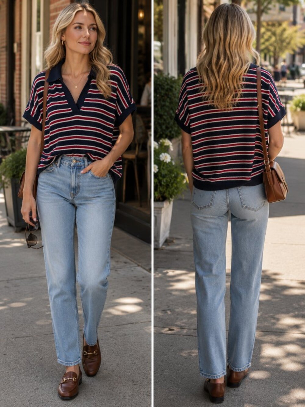 Madewell Navy Red White Striped V Neck Polo Sweater Top Size L